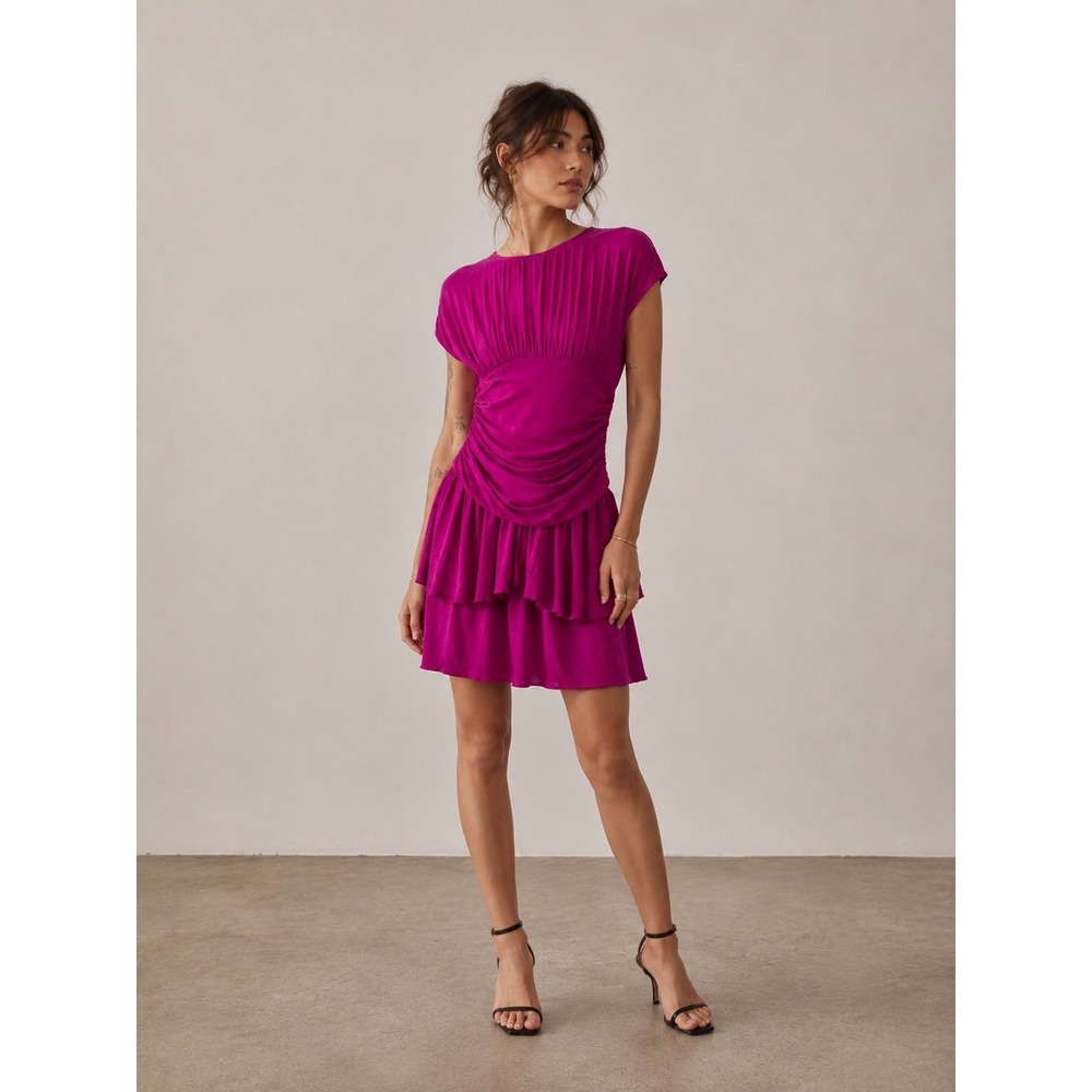 Vintage 80s All That Jazz Fuchsia‎ Pink Ruched Peplum Dress Retro Coquette Fairy
